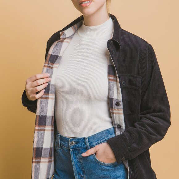 Corduroy Reversible Button Down Jacket with Matching Plaid Lining from Love Tree - Picture 8 of 8